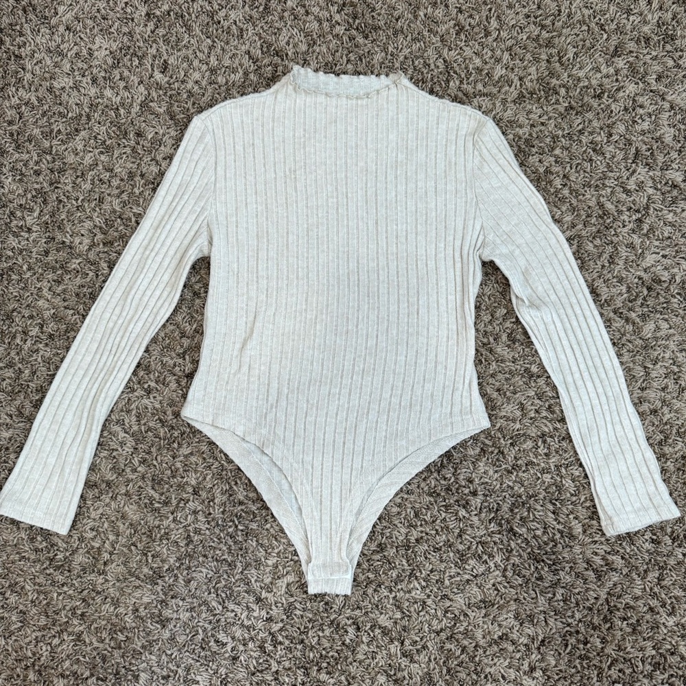Cream Ribbed Long Sleeve Bodysuit with High Neckline